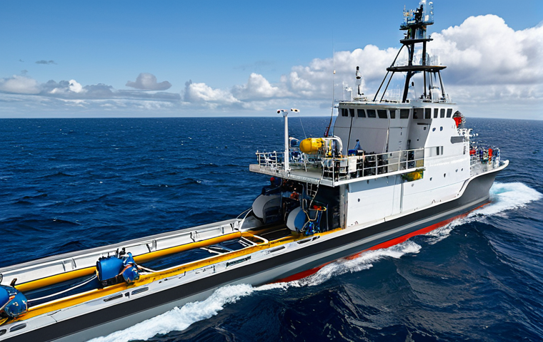 Oceanographic Research Vessel**

"A modern oceanographic research vessel, fully equipped with scientific instruments, sailing on a calm, deep blue sea.  Scientists in appropriate attire are working on deck, deploying an ROV (Remotely Operated Vehicle).  Clear blue sky with scattered clouds. Professional photography, detailed, realistic, perfect anatomy, correct proportions, natural pose, well-formed hands, proper finger count, appropriate content, fully clothed, safe for work, professional."

**