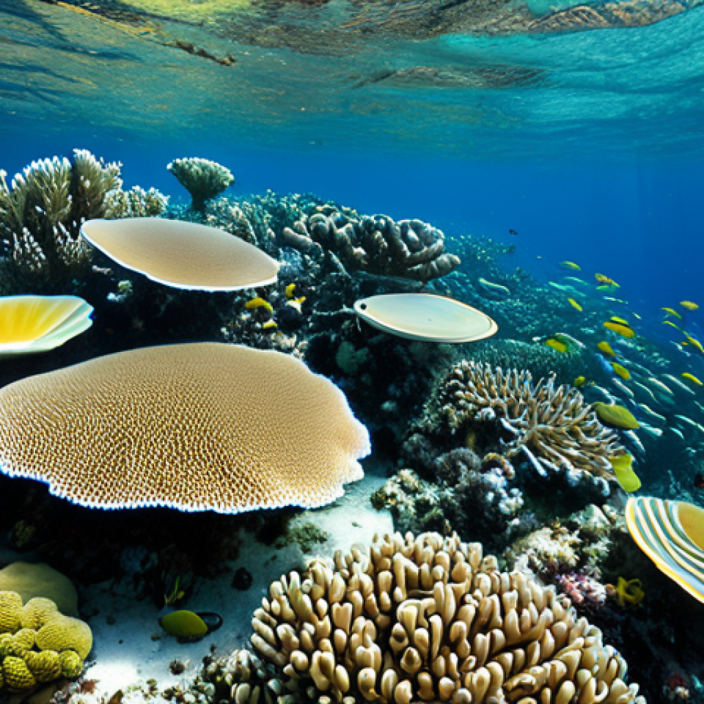 해양 화학 - **Prompt:** A vibrant coral reef teeming with marine life, but showing signs of bleaching. Focus on ...