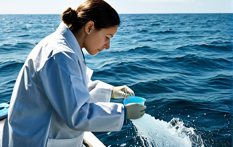 해양 화학 - **Prompt:** Microplastics floating in ocean water, with a visible fish ingesting one. The image shou...