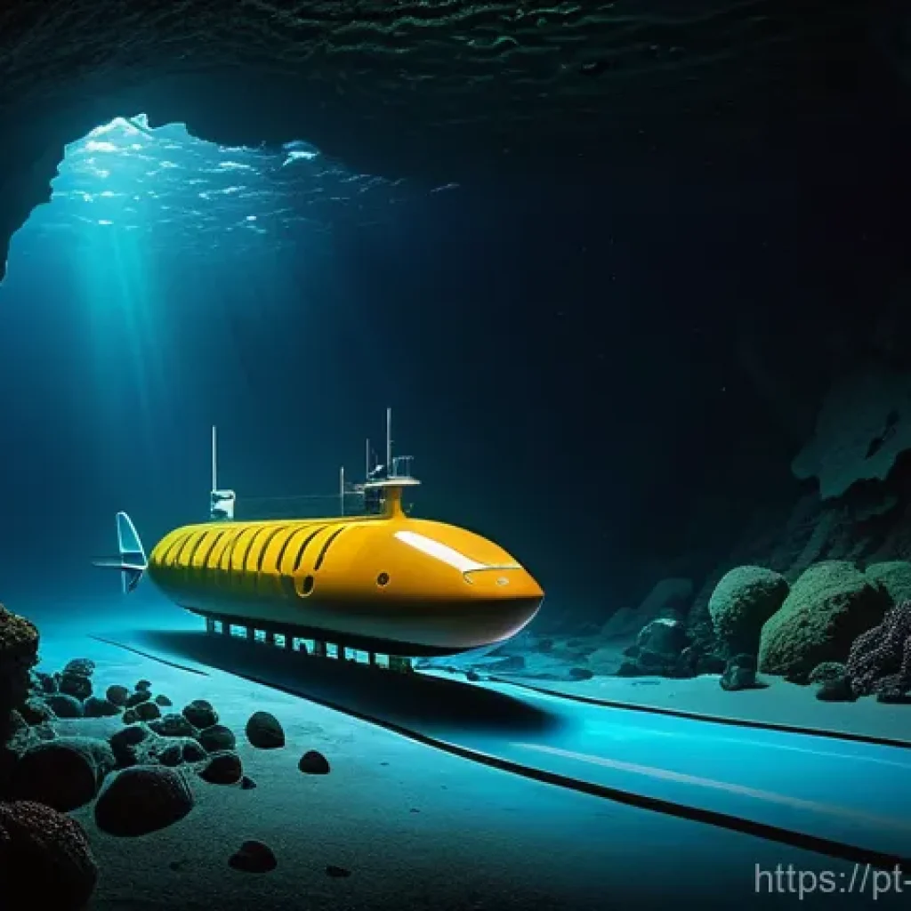 해양학 연구소 - A vibrant, underwater scene depicting a state-of-the-art Autonomous Underwater Vehicle (AUV), sleek ...