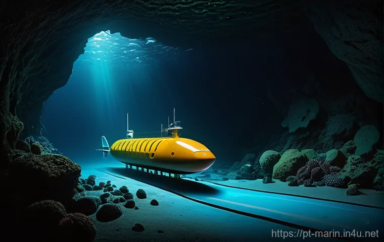 해양학 연구소 - A vibrant, underwater scene depicting a state-of-the-art Autonomous Underwater Vehicle (AUV), sleek ...