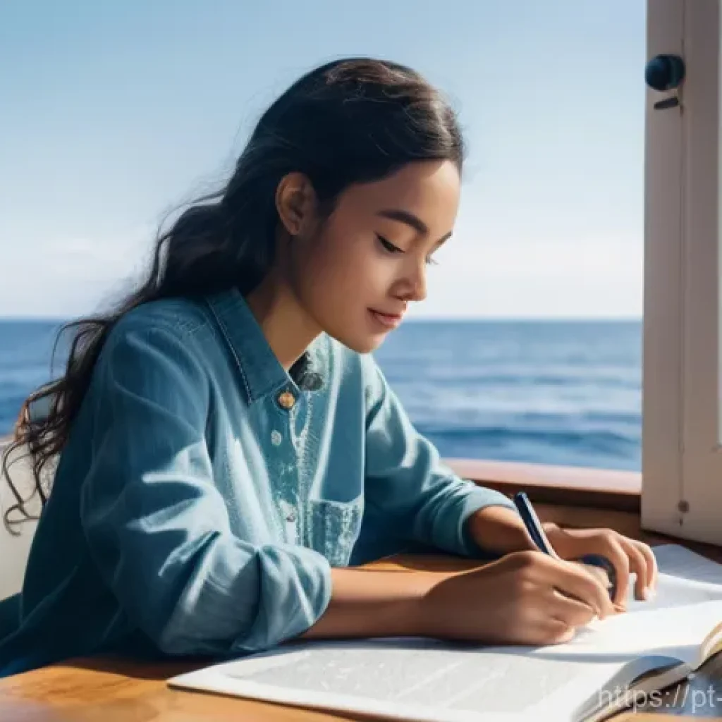 해양학 학습 자료 - **Prompt:** A curious young woman, in her early twenties, sits at a desk bathed in warm, natural lig...