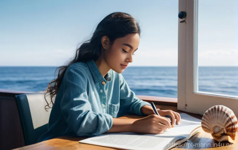 해양학 학습 자료 - **Prompt:** A curious young woman, in her early twenties, sits at a desk bathed in warm, natural lig...