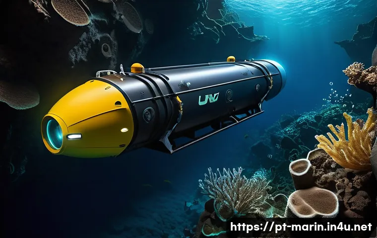 해양학의 새로운 패러다임 - **Prompt:** A highly advanced, sleek Autonomous Underwater Vehicle (AUV) with glowing blue sensor ar...
