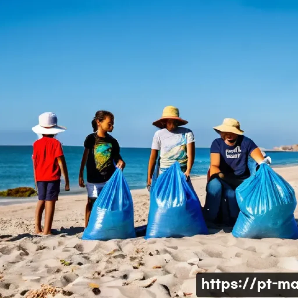 해양 오염 규제 - **Community Beach Cleanup in Portugal:**
    "A vibrant, wide-angle shot of a beautiful sandy beach ...