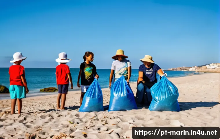 해양 오염 규제 - **Community Beach Cleanup in Portugal:**
"A vibrant, wide-angle shot of a beautiful sandy beach ...
