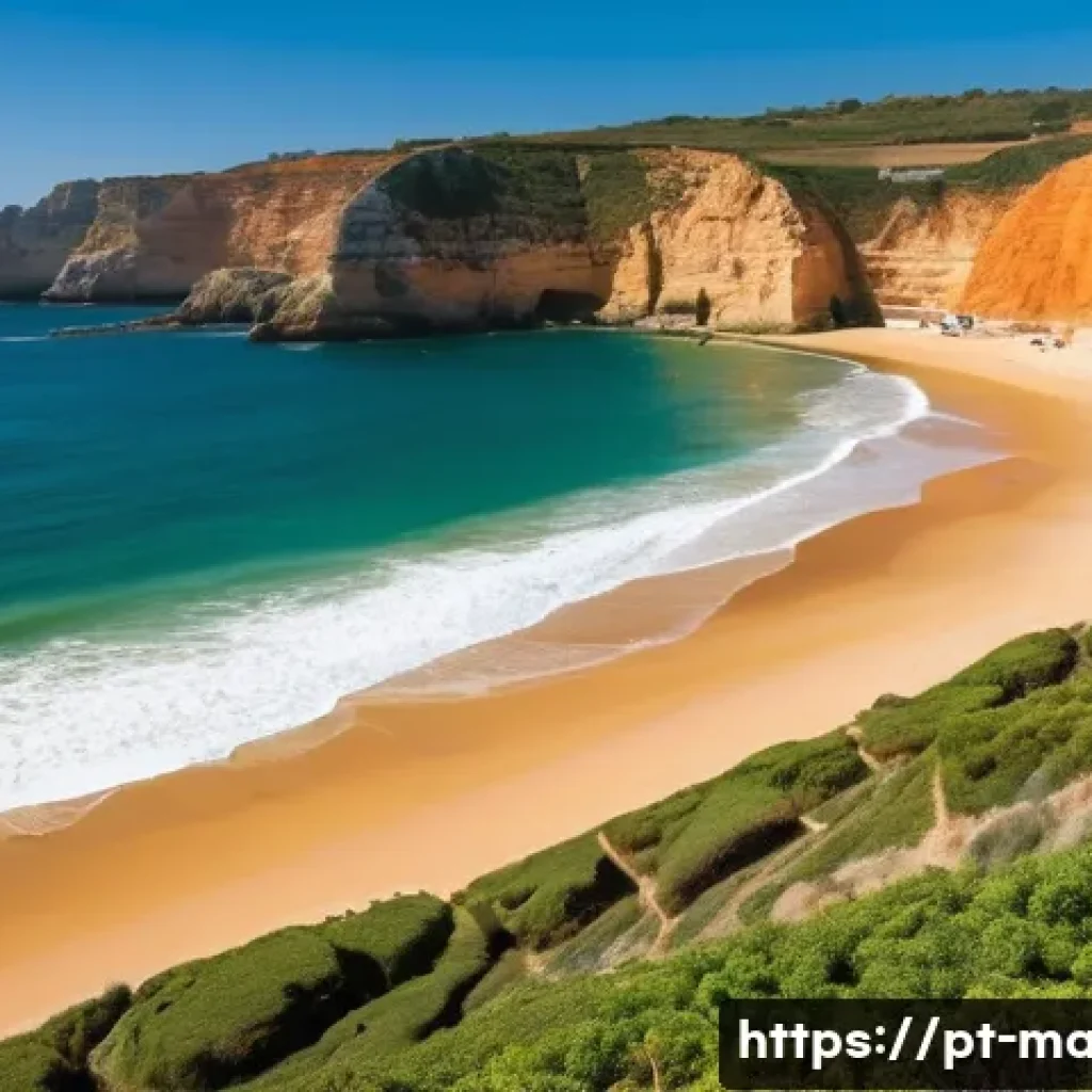 해양학 기후 변화 영향 분석 - **Prompt:** A picturesque sandy beach along the Portuguese coast, possibly reminiscent of the Algarv...