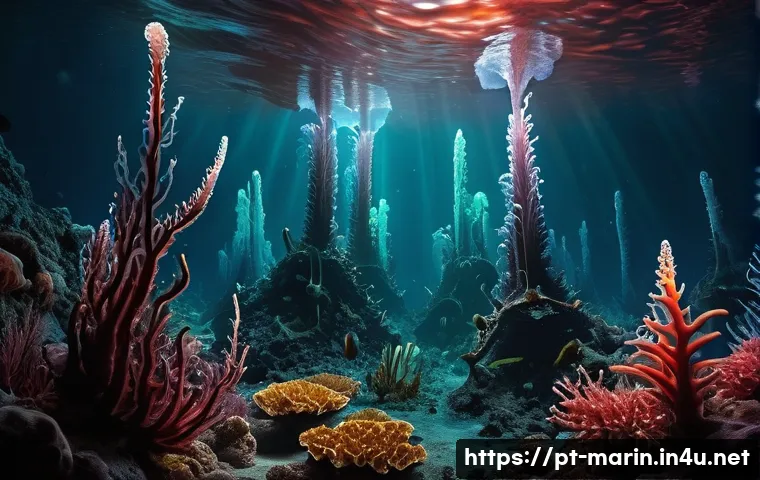 해양학 기초과학 - **Deep-Sea Hydrothermal Vent Eco    "A breathtaking panoramic view of a vibrant deep-sea hydrotherma...
