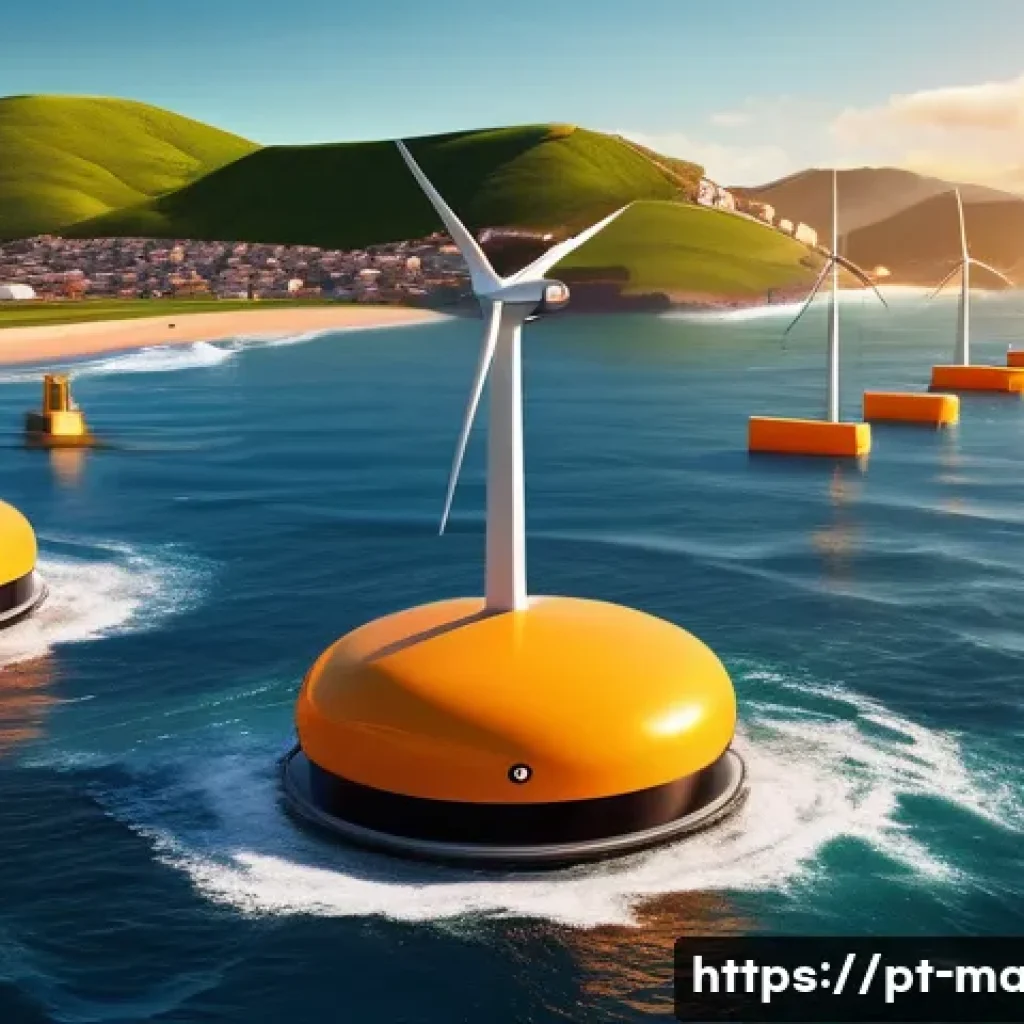 해양 에너지 개발 - A detailed coastal scene at sunset featuring advanced floating wave energy converters bobbing on vib...