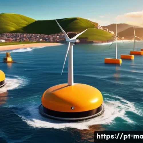 Home 32 해양 에너지 개발 - A detailed coastal scene at sunset featuring advanced floating wave energy converters bobbing on vib...