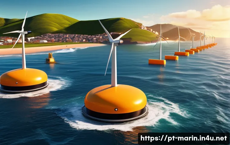 해양 에너지 개발 - A detailed coastal scene at sunset featuring advanced floating wave energy converters bobbing on vib...
