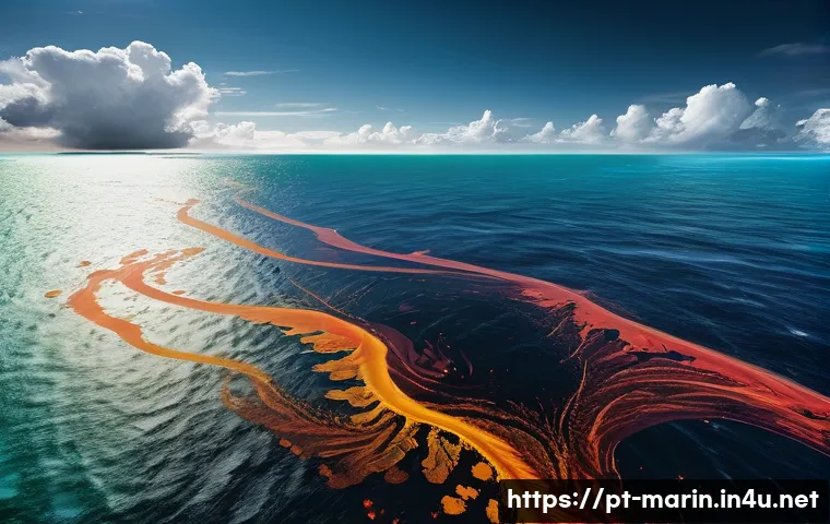 해양 온도와 염도 - A detailed, realistic ocean scene showing the Gulf Stream current transporting warm tropical waters ...