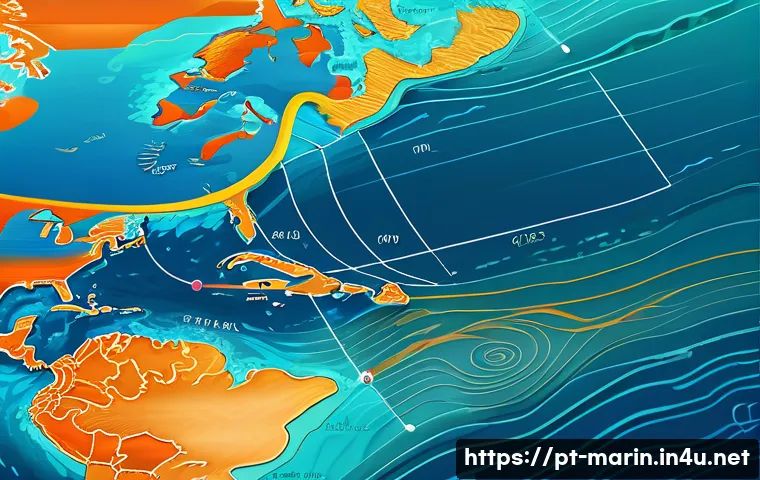 해양 물리학 - A detailed scientific illustration of the Gulf Stream ocean current, showing warm tropical waters mo...