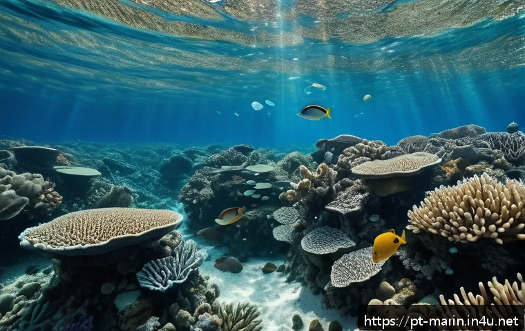 해양 플라스틱 오염 - A detailed underwater scene illustrating the impact of microplastics on marine biodiversity along th...