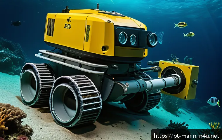 해양 자원 채굴 기술 - A highly detailed underwater scene showcasing advanced remotely operated vehicles (ROVs) engaged in ...