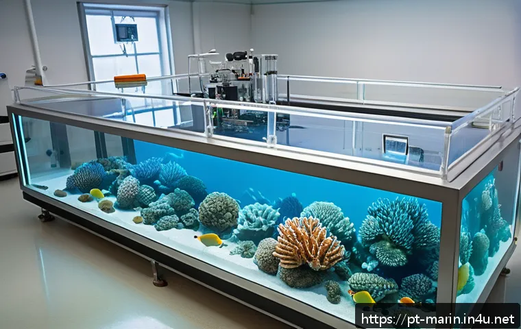 해양 화학 실험 - A detailed scientific laboratory scene showing marine biologists conducting ocean acidification expe...