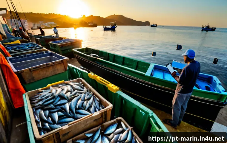 해양 경제학 기초 - Photorealistic wide-angle view of a modern Brazilian coastal fishing harbor at sunrise, small fishin...